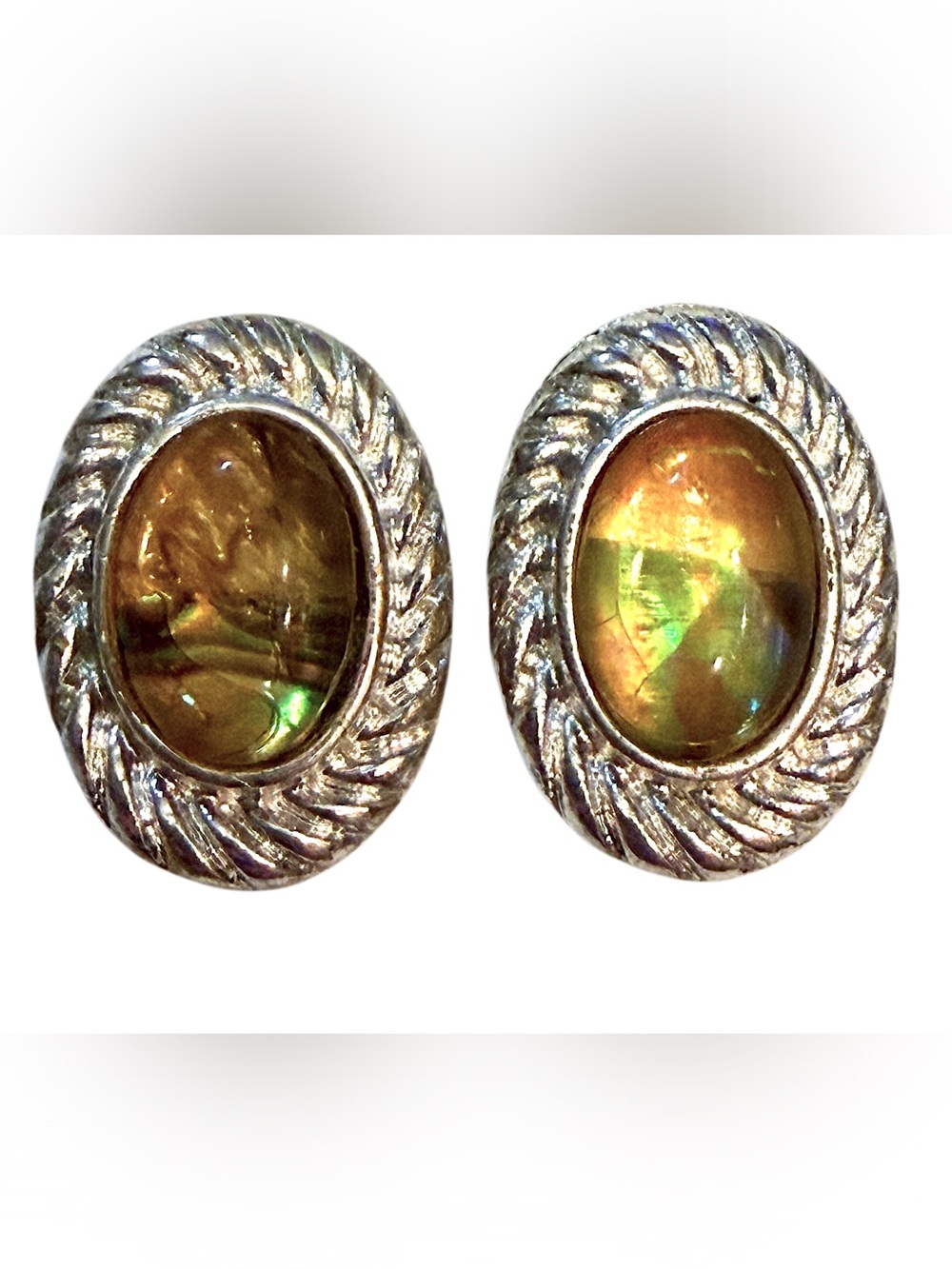 Silver Oval Yellow Green Iridescent Earrings